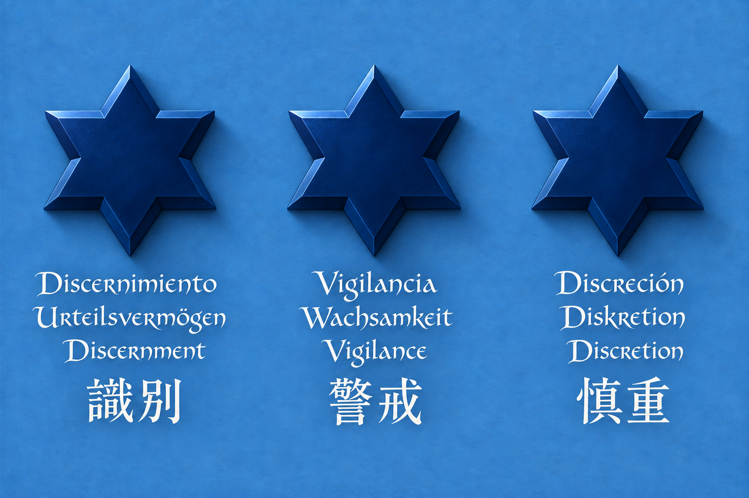 Tres estrellas azules en relieve que representan el discernimiento, la vigilancia y la discreción, con sus nombres en castellano, alemán, inglés y japonés.